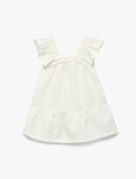 Kare Yaka Kolsuz Fırfır Detaylı Keten ve Viskon Karışımlı Askılı Elbise