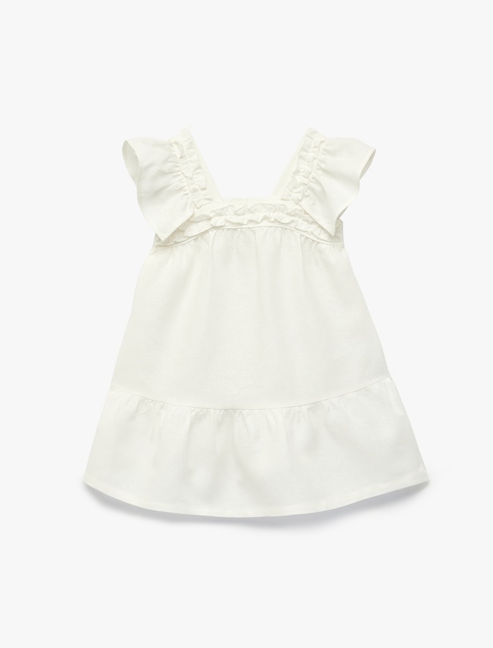 Kız Bebek Kare Yaka Kolsuz Fırfır Detaylı Keten ve Viskon Karışımlı Askılı Elbise