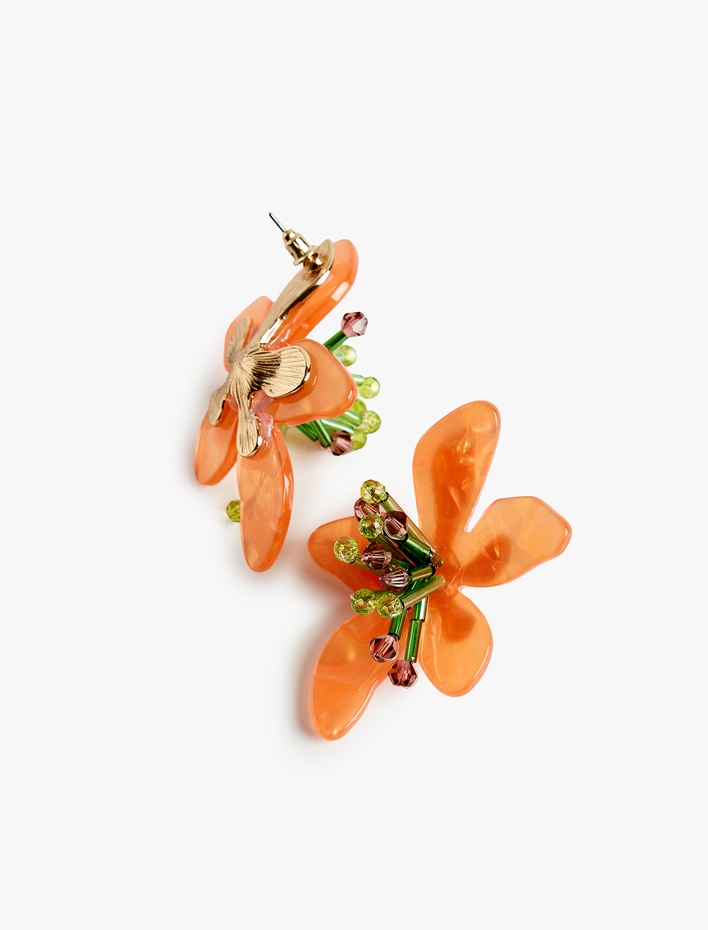 Kadın Çok Renkli Boncuk Detaylı Büyük Boy Çiçek Küpe