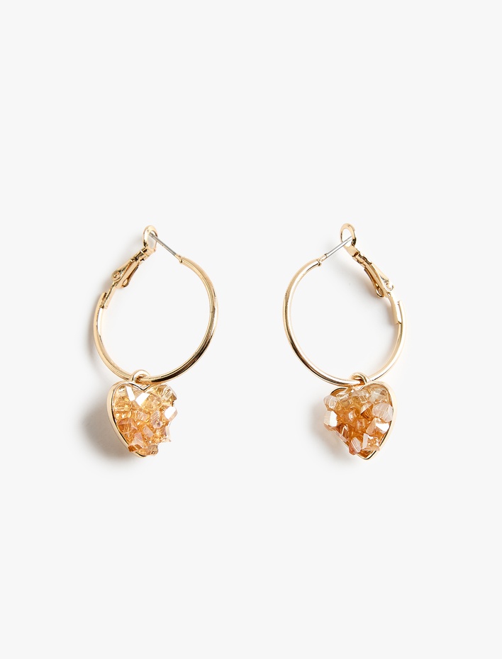 Kadın Taş Detaylı Kalp Charmlı Halka Küpe