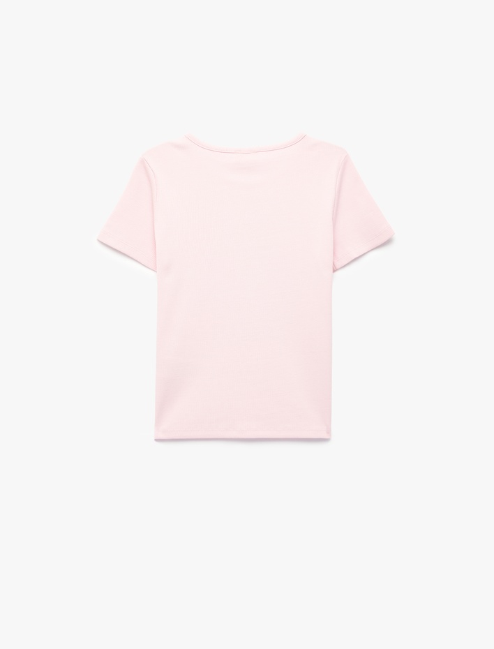 Kız Çocuk Ribanalı Kısa Kollu Bisiklet Yaka Pamuklu Kedi Baskılı Tişört