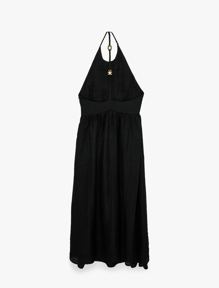  Viskon Kumaş Sırt Dekolteli Halter Yaka Midi Elbise