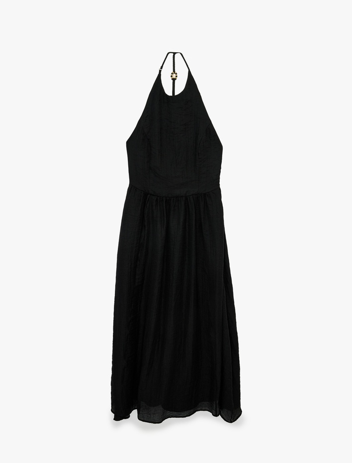  Viskon Kumaş Sırt Dekolteli Halter Yaka Midi Elbise