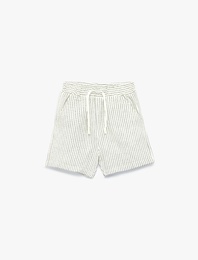 Pamuklu Beli Bağcıklı Çizgili Şort