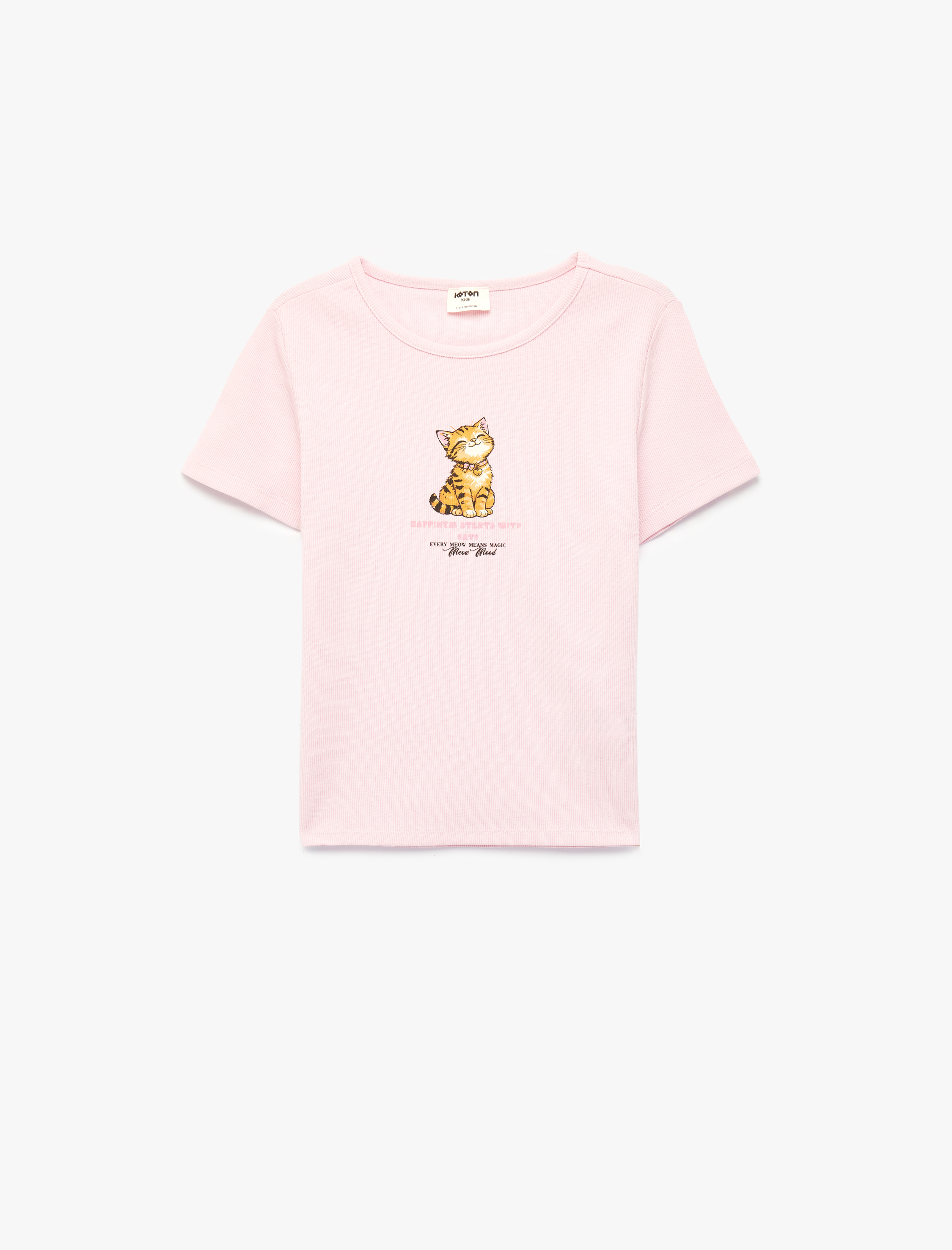  Kız Çocuk Ribanalı Kısa Kollu Bisiklet Yaka Pamuklu Kedi Baskılı Tişört