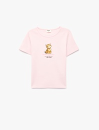 Ribanalı Kısa Kollu Bisiklet Yaka Pamuklu Kedi Baskılı Tişört