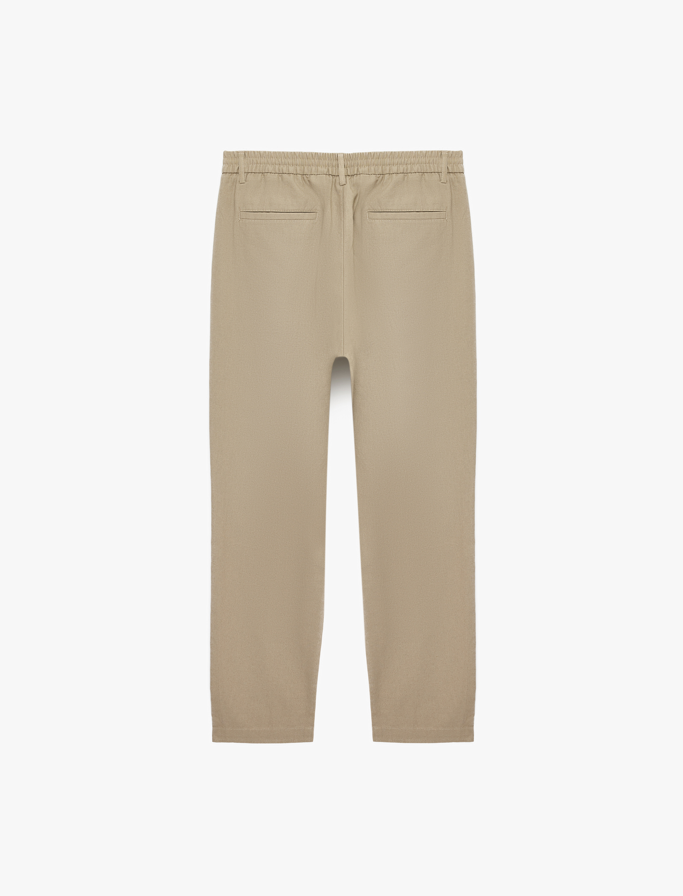   Regular Fit Beli Lastikli Düğmeli Düz Paça Keten Karışımlı Chino Pantolon