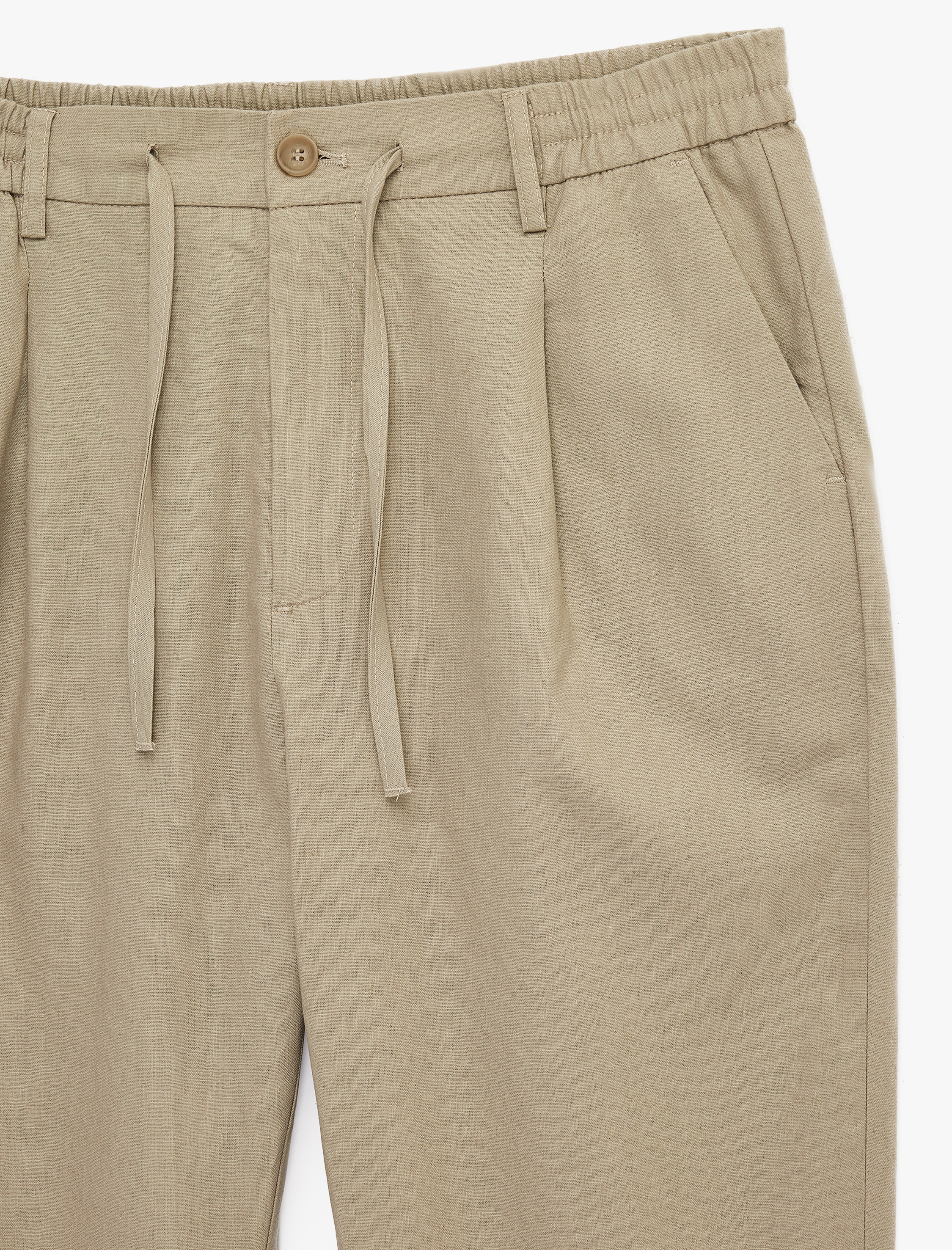   Regular Fit Beli Lastikli Düğmeli Düz Paça Keten Karışımlı Chino Pantolon