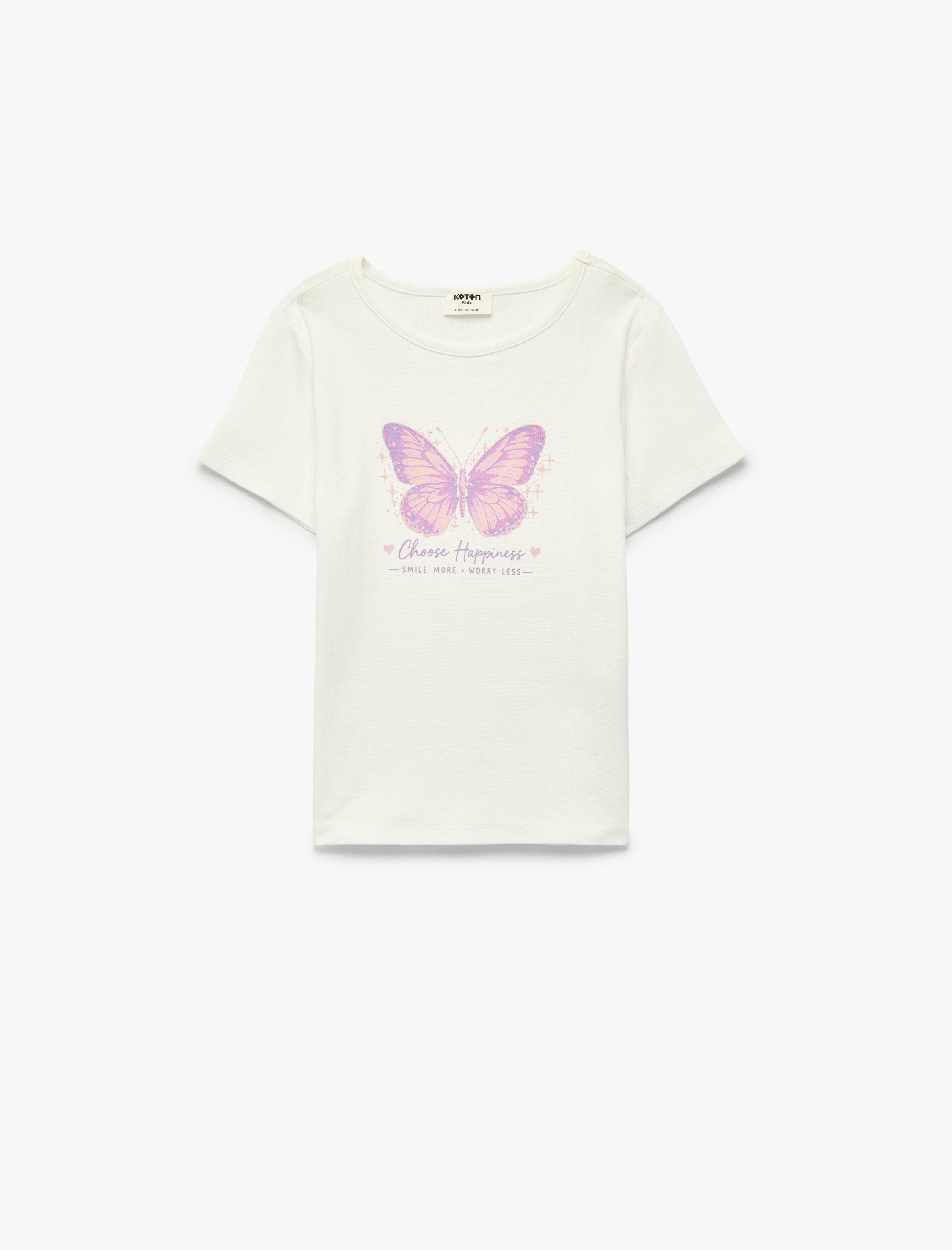  Kız Çocuk Pamuklu Kısa Kollu Bisiklet Yaka Kelebek Baskılı Tişört