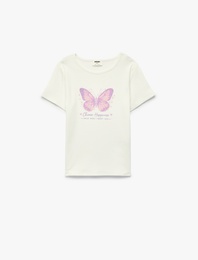 Pamuklu Kısa Kollu Bisiklet Yaka Kelebek Baskılı Tişört