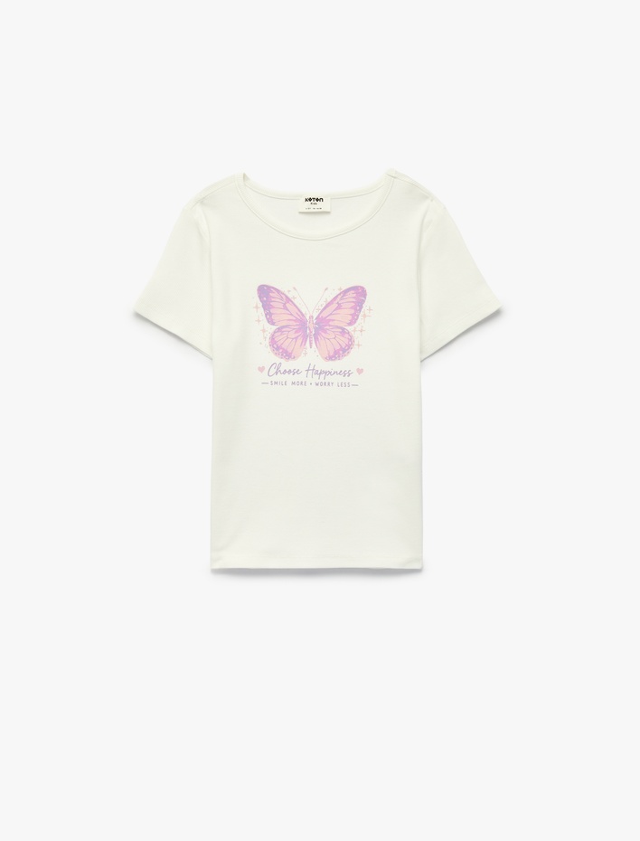 Kız Çocuk Pamuklu Kısa Kollu Bisiklet Yaka Kelebek Baskılı Tişört