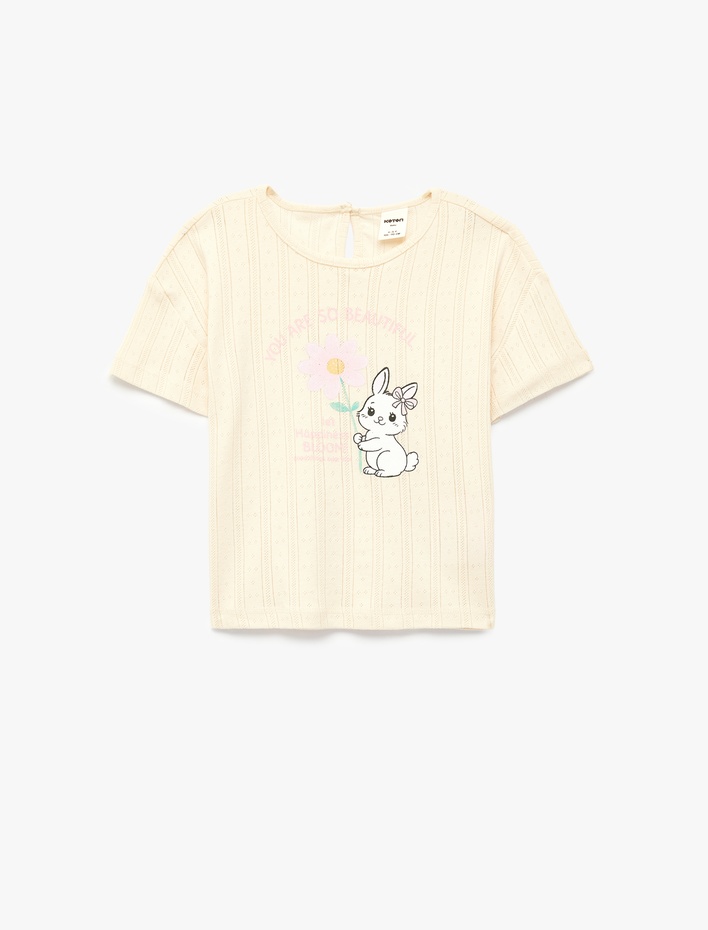 Kız Bebek Pamuklu Kısa Kollu Bisiklet Yaka Tavşan Baskılı Tişört