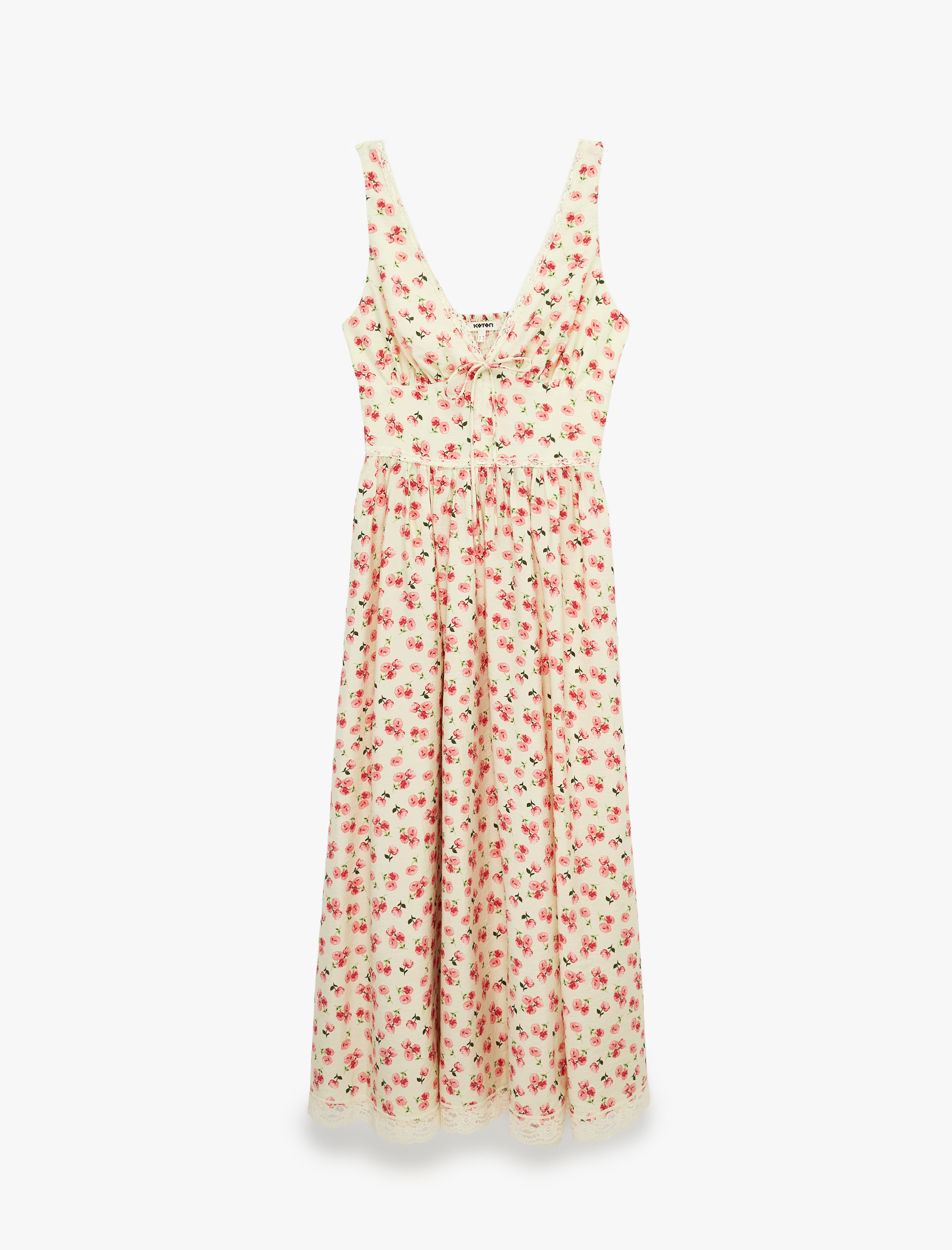 Viskon Kumaş Fiyonk ve Dantel Detaylı V Yaka Kalın Askılı Çiçekli Uzun Elbise