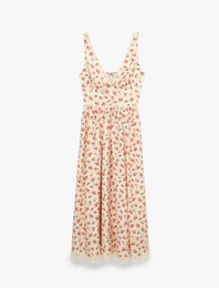 Viskon Kumaş Fiyonk ve Dantel Detaylı V Yaka Kalın Askılı Çiçekli Uzun Elbise