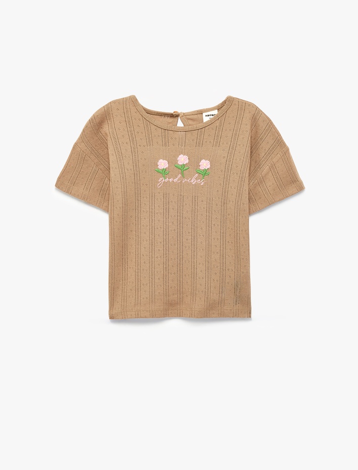 Kız Bebek Pamuklu Nakışlı Kısa Kollu Bisiklet Yaka Tişört