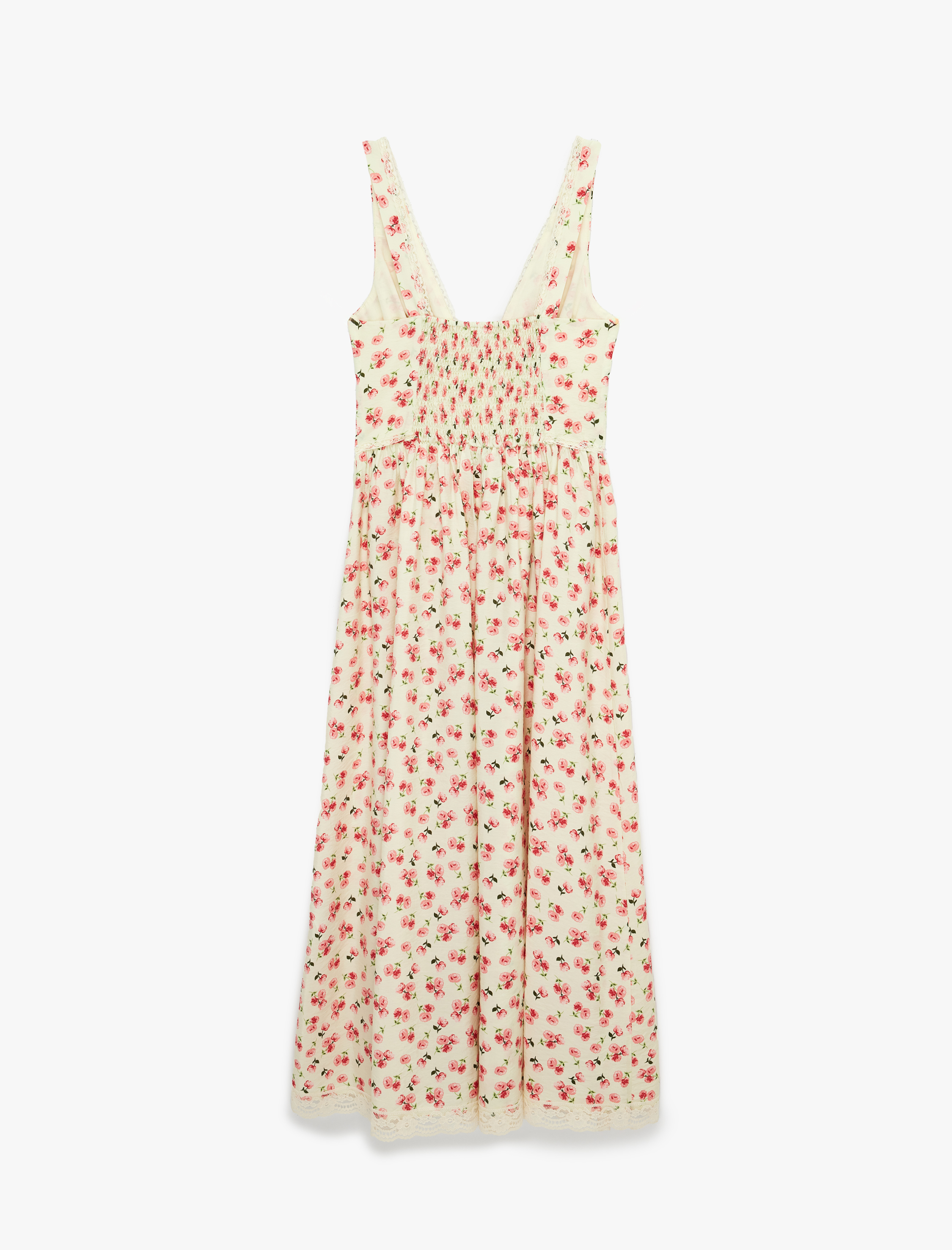 Viskon Kumaş Fiyonk ve Dantel Detaylı V Yaka Kalın Askılı Çiçekli Uzun Elbise - Görsel 2