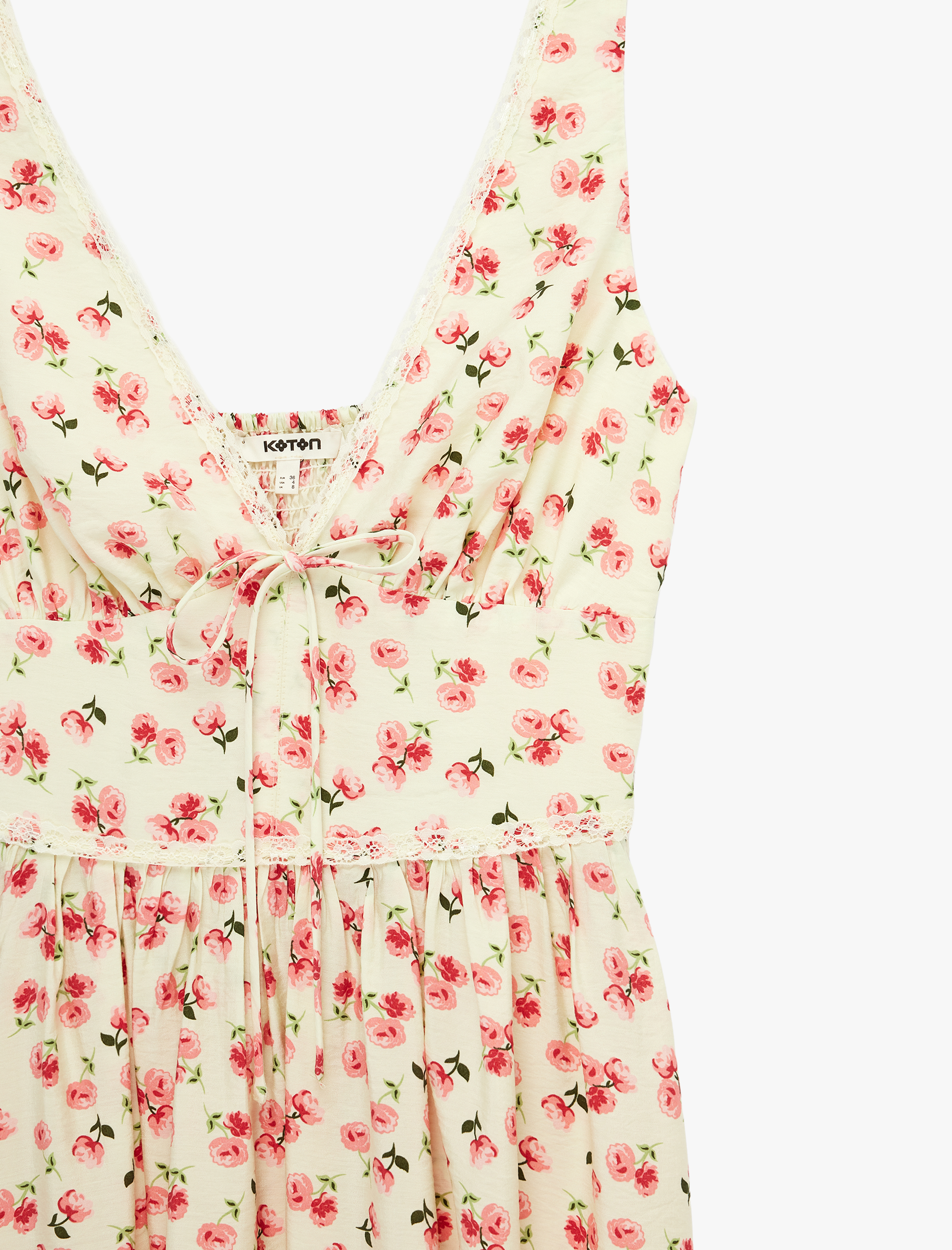 Viskon Kumaş Fiyonk ve Dantel Detaylı V Yaka Kalın Askılı Çiçekli Uzun Elbise - Görsel 3