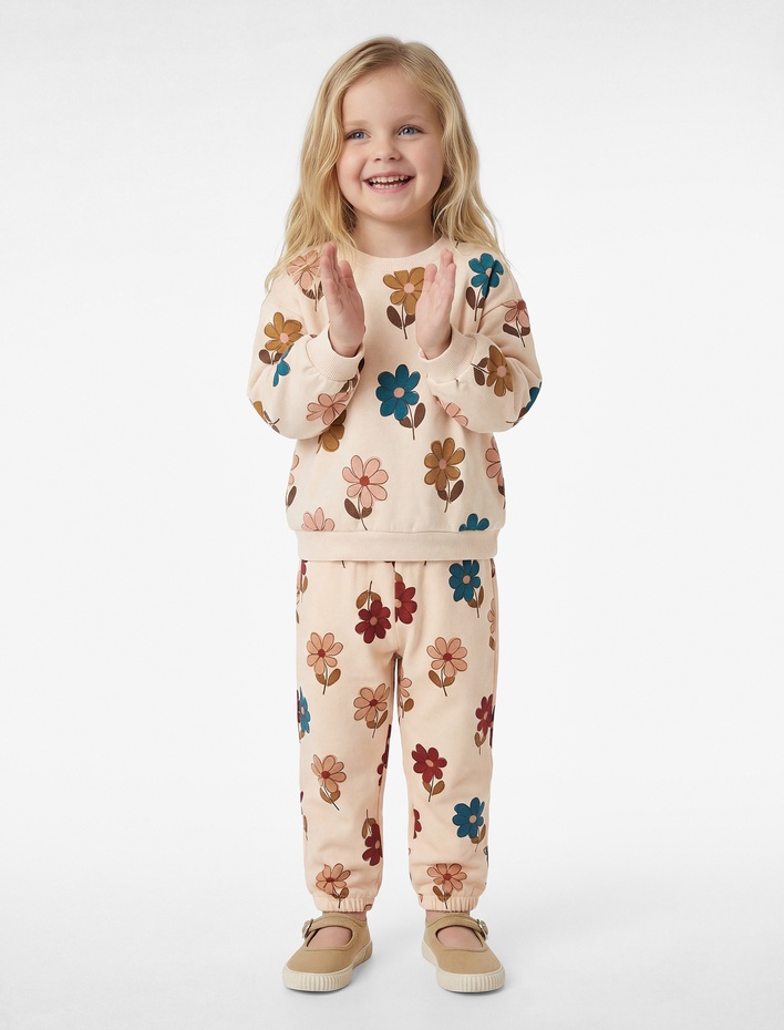 Kız Bebek Pamuklu Beli Lastikli Çiçekli Jogger Eşofman Altı