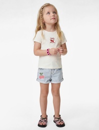 Kısa Kollu Bisiklet Yaka Kiraz Nakışlı Pamuklu Tişört