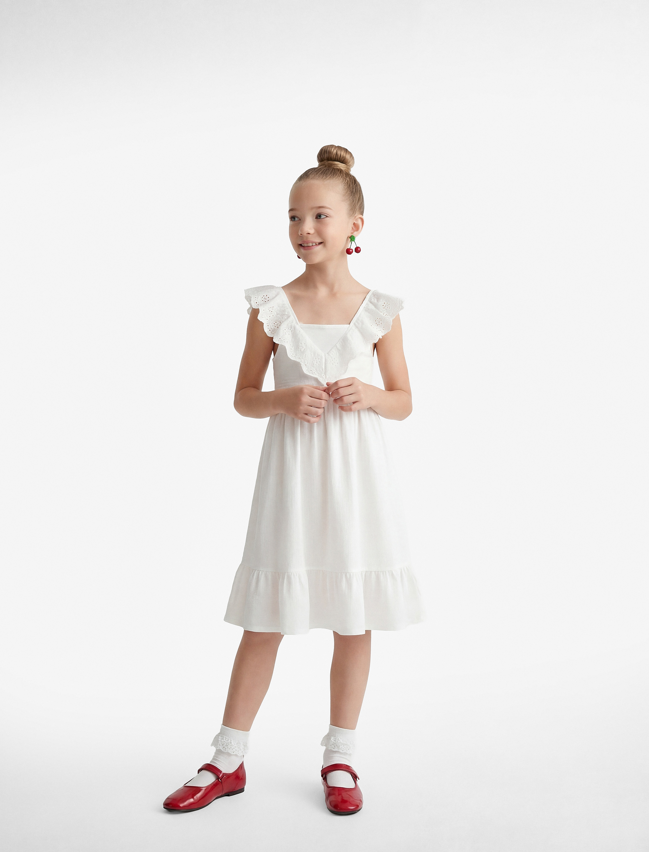  Kız Çocuk Kare Yaka Kolsuz Katmanlı Pileli Midi Elbise