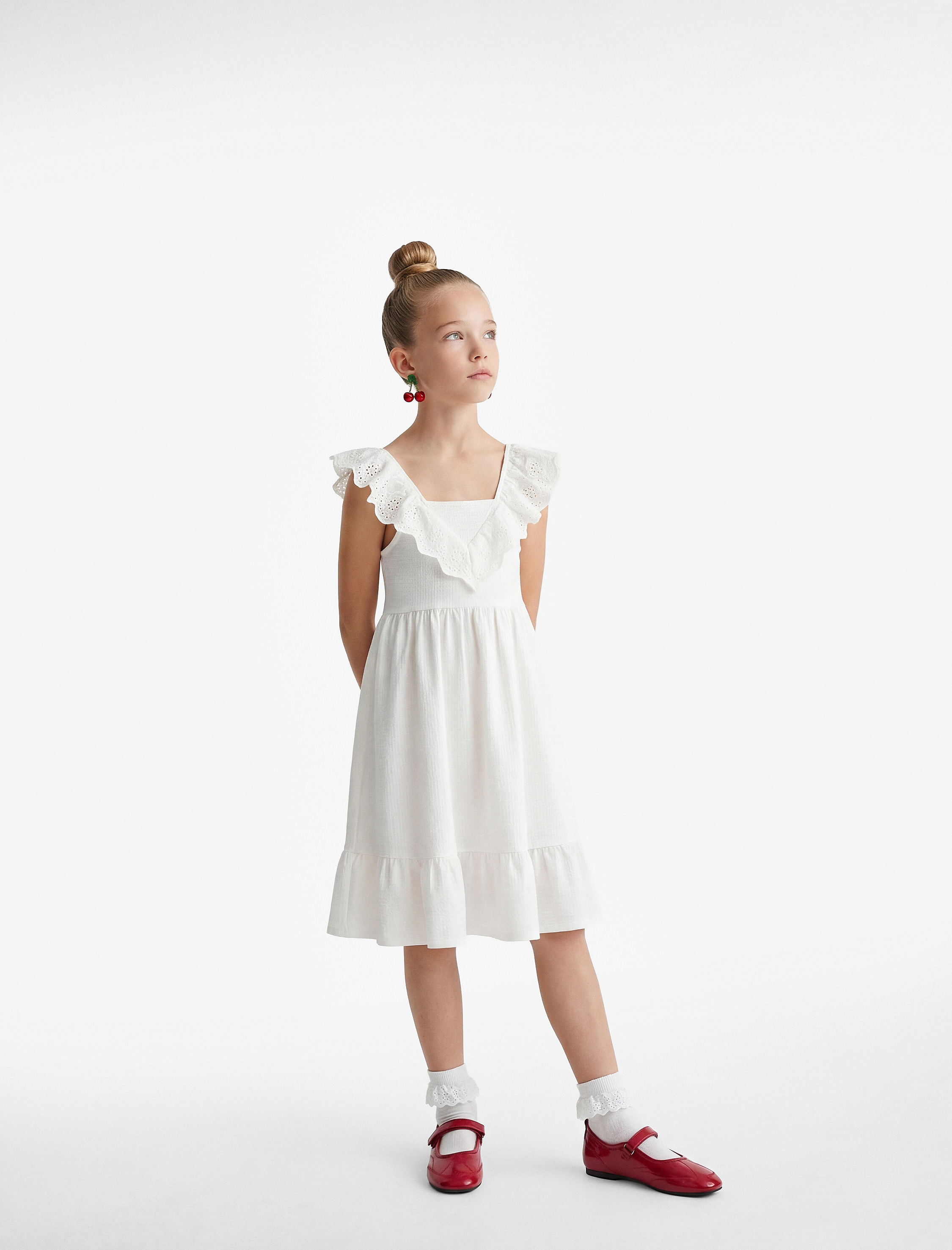  Kız Çocuk Kare Yaka Kolsuz Katmanlı Pileli Midi Elbise