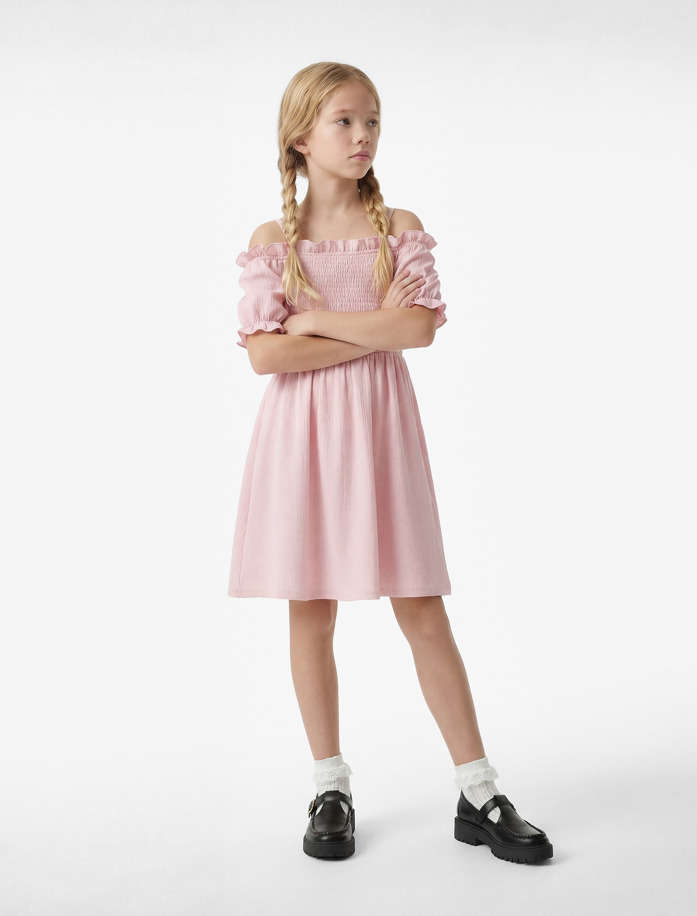  Kız Çocuk Gipeli Balon Kollu Omzu Açık Midi Elbise