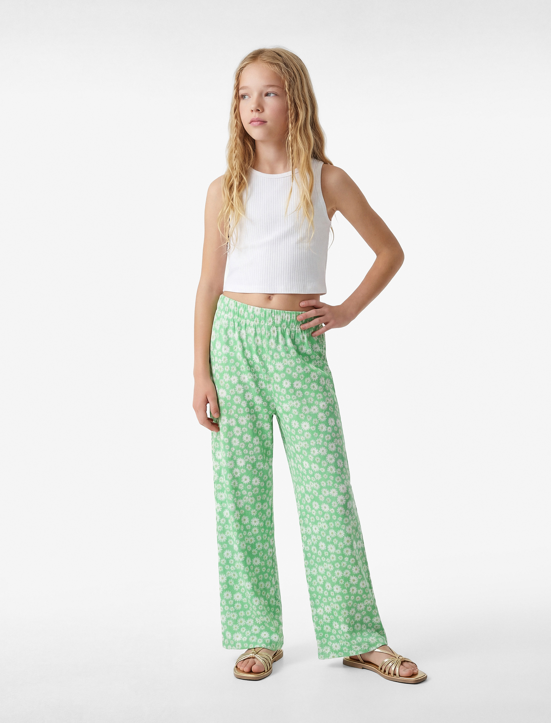 Beli Lastikli Çiçek Desenli Geniş Paça Pantolon - Görsel 2