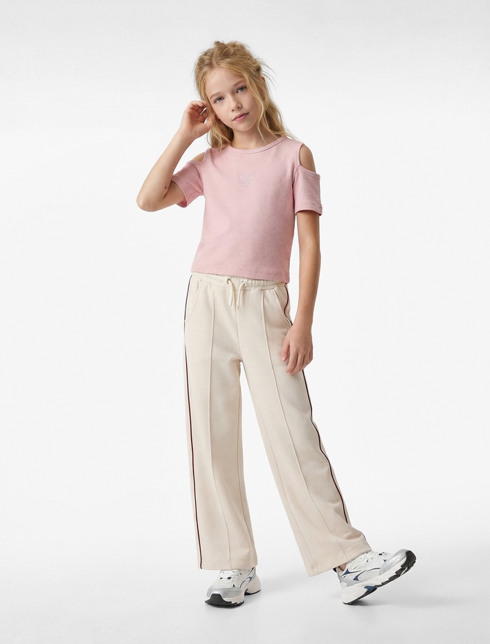 Kız Çocuk Pamuklu Cep Detaylı Beli Bağlamalı Geniş Paça Pantolon