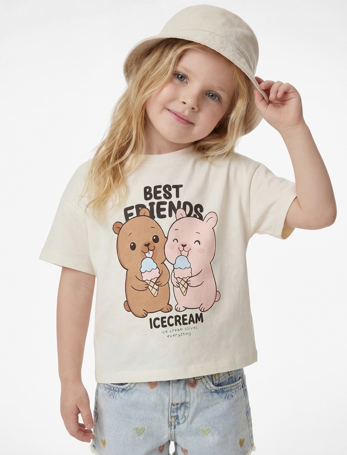 Kız Bebek Baskılı Bisiklet Yaka Pamuklu Kısa Kollu Tişört