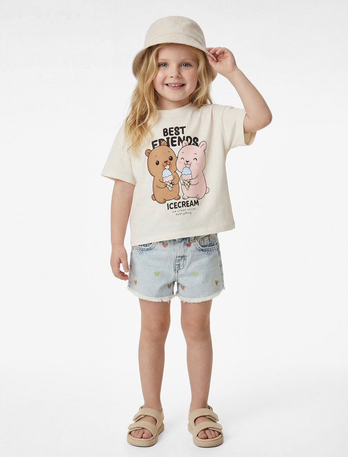 Kız Bebek Baskılı Bisiklet Yaka Pamuklu Kısa Kollu Tişört