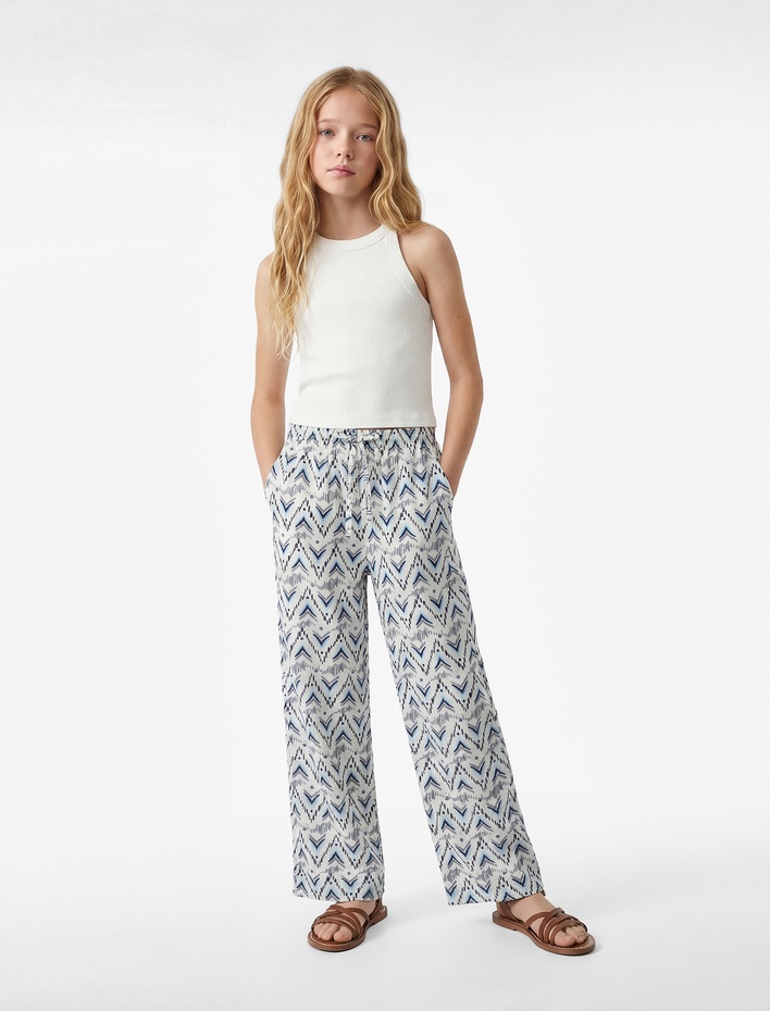 Kız Çocuk Viskon Karışımlı Desenli Geniş Paça Pantolon