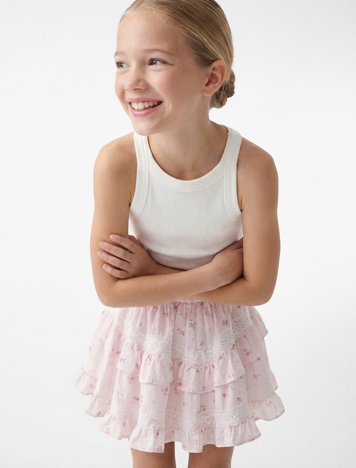 Kız Çocuk Beli Lastikli Dantel Detaylı Kat Kat Fırfırlı Viskon Çiçekli Etek