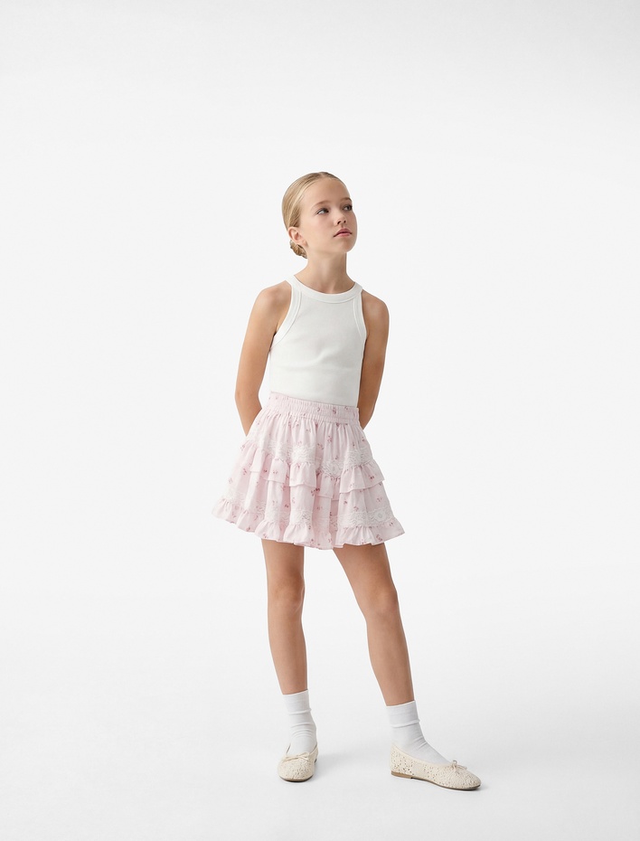 Kız Çocuk Beli Lastikli Dantel Detaylı Kat Kat Fırfırlı Viskon Çiçekli Etek