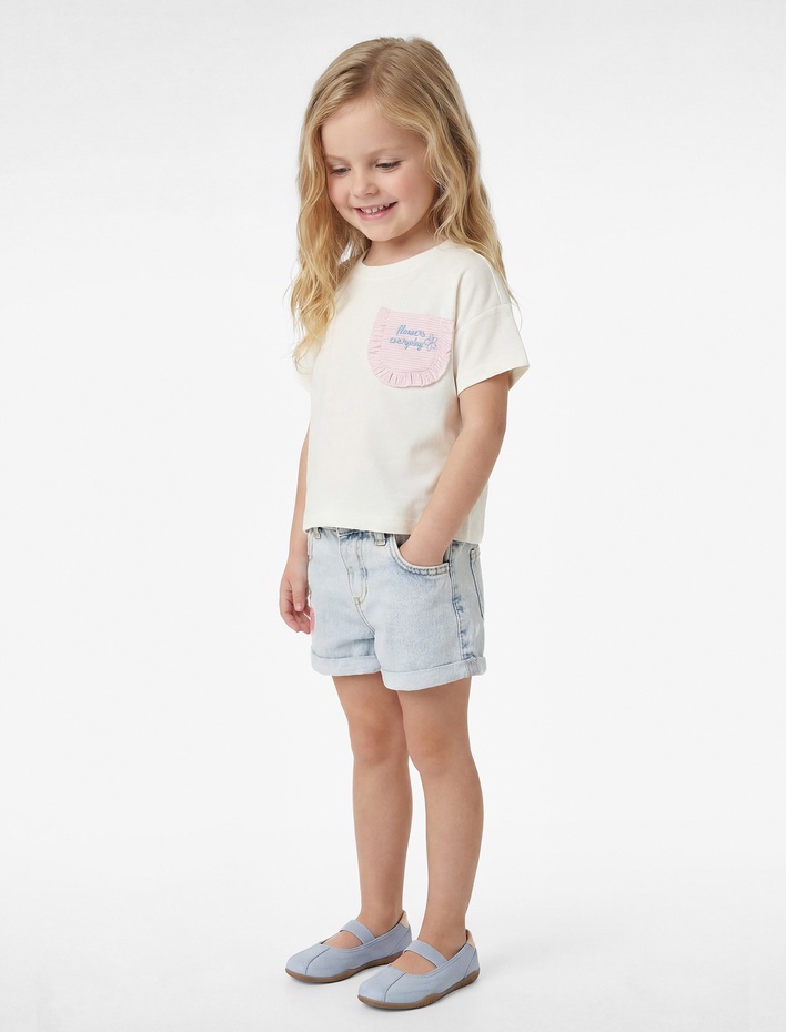 Kız Bebek Kısa Kollu Bisiklet Yaka Cep Detaylı Pamuklu Tişört