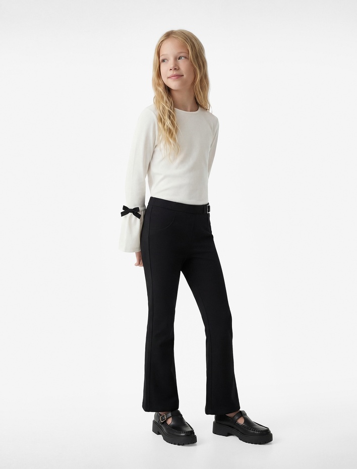 Kız Çocuk Uzun Kollu Bisiklet Yaka Bürümcük Fiyonklu Bluz