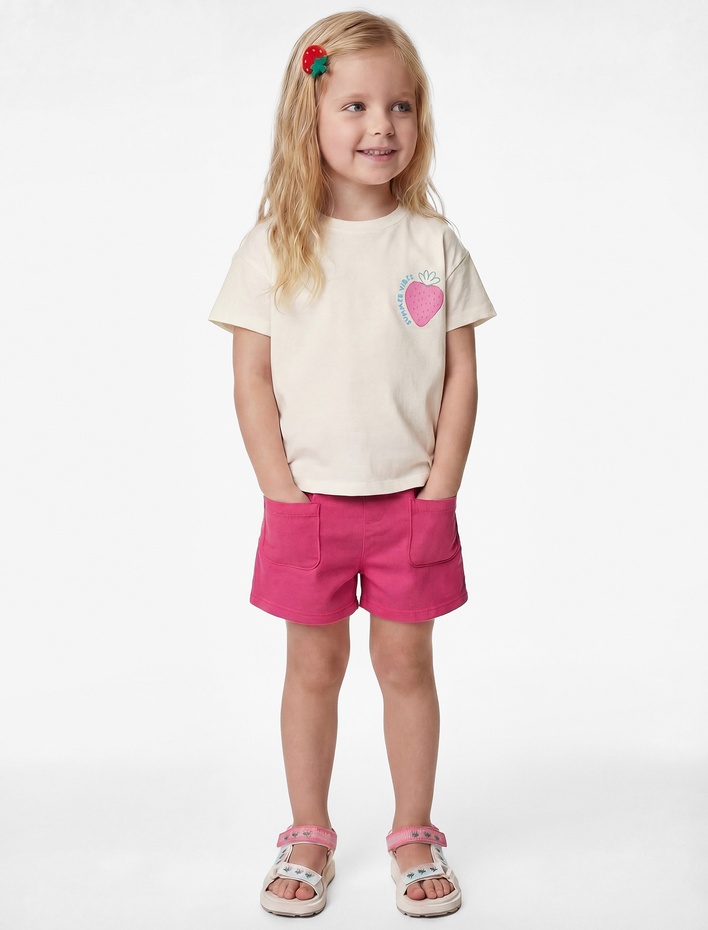 Kız Bebek Kısa Kollu Bisiklet Yaka Pamuklu Arkası Çilek Baskılı Tişört