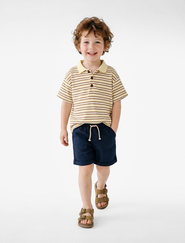 Erkek Bebek Pamuklu Cepli Duble Paça Beli Bağcıklı Gabardin Şort