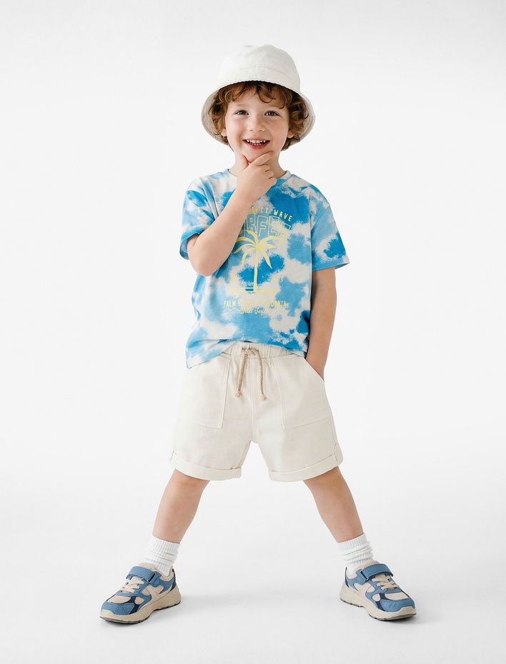 Erkek Bebek Pamuklu Cepli Duble Paça Beli Bağcıklı Gabardin Şort