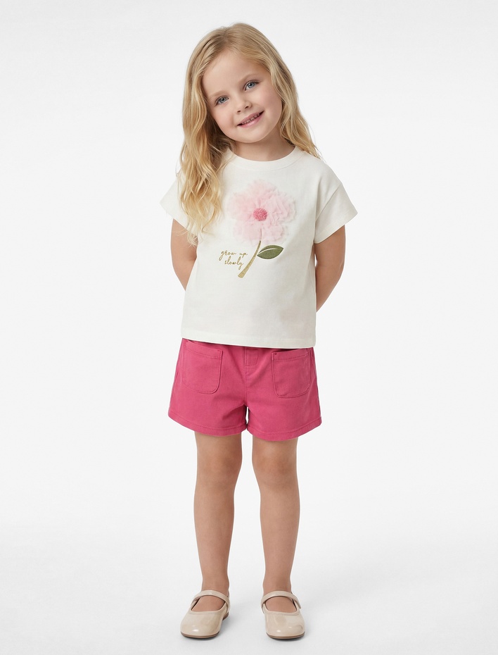 Kız Bebek Çiçek Aplike Detaylı Kısa Kollu Bisiklet Yaka Pamuklu Tişört