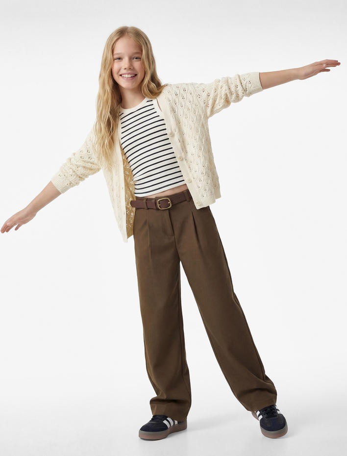 Kız Çocuk Rahat Kalıp Ajurlu Uzun Kollu V Yaka Triko Hırka