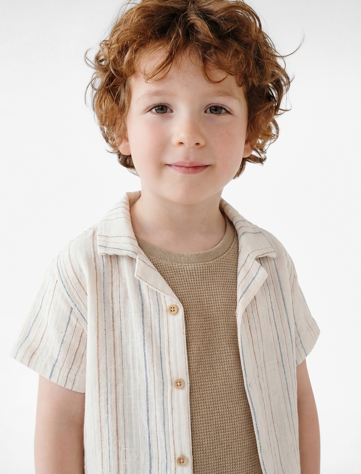 Erkek Bebek Pamuklu Düğmeli Klasik Yaka Kısa Kollu Müslin Gömlek