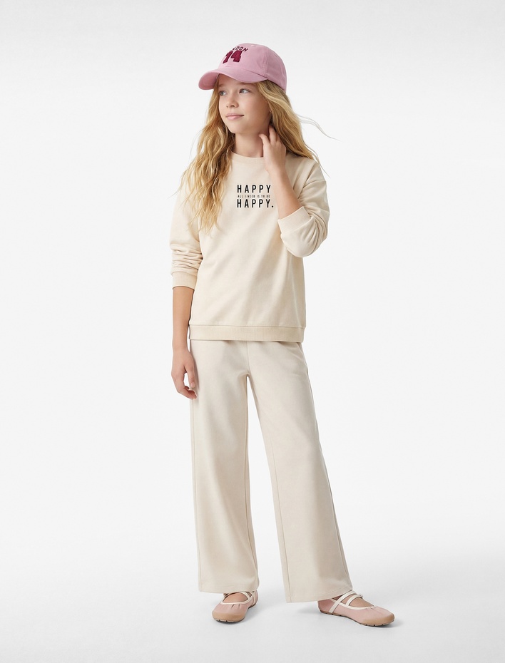 Kız Çocuk Beli Lastikli Viskon Karışımlı Geniş Paça Pantolon