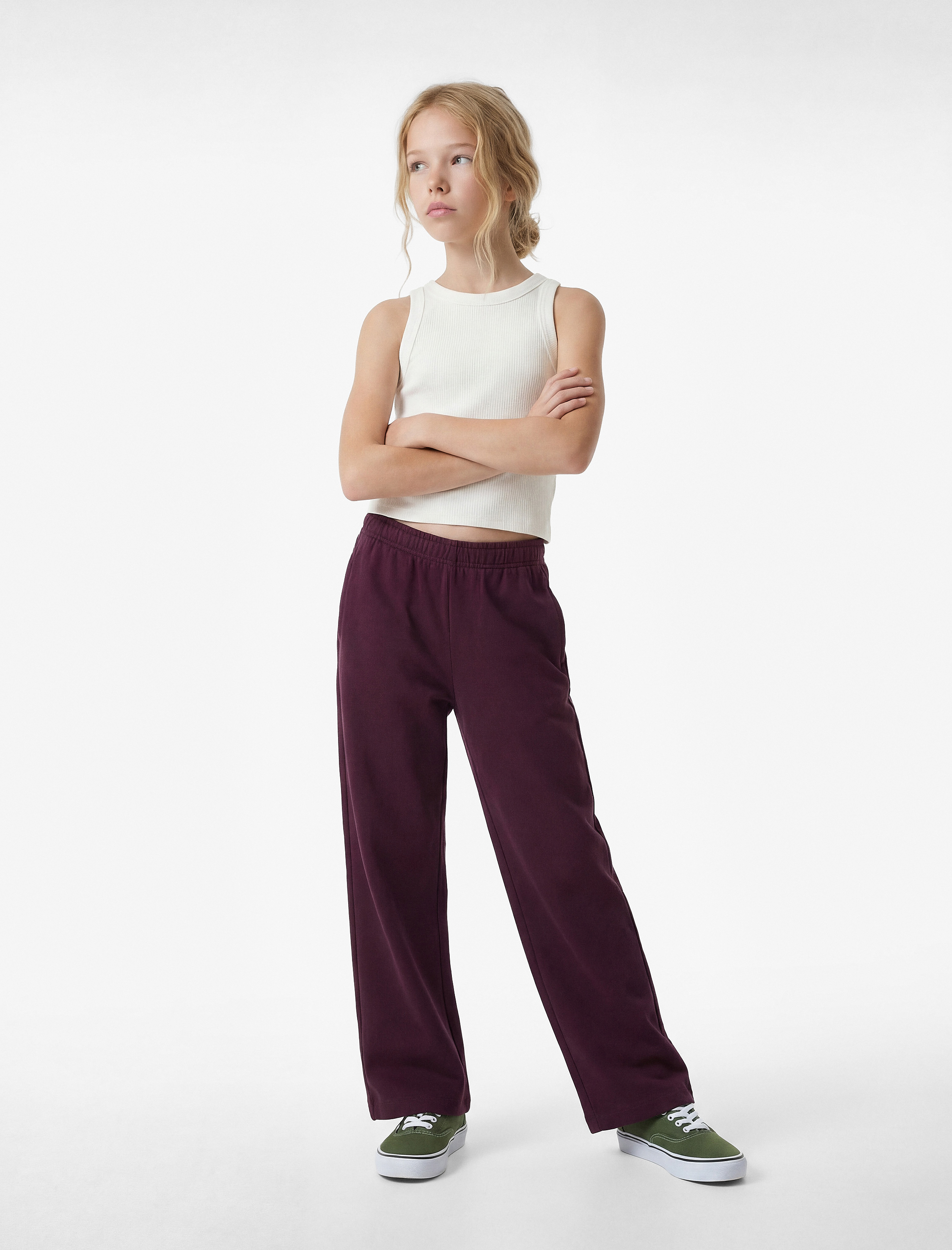  Kız Çocuk Beli Lastikli Viskon Karışımlı Geniş Paça Pantolon
