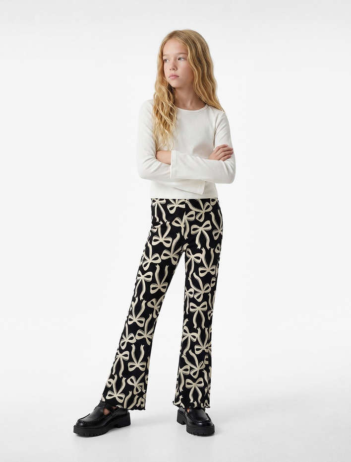 Kız Çocuk Fiyonk Desenli Kaşkorse İspanyol Paça Tayt