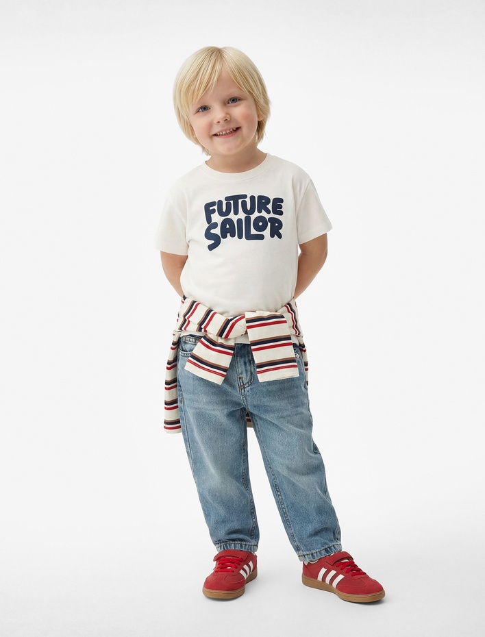 Erkek Bebek Baskılı Kısa Kollu Bisiklet Yaka Pamuklu Tişört