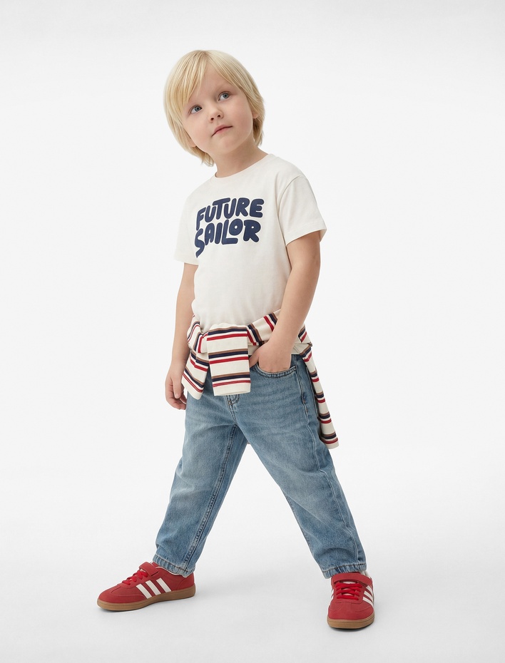 Erkek Bebek Baskılı Kısa Kollu Bisiklet Yaka Pamuklu Tişört