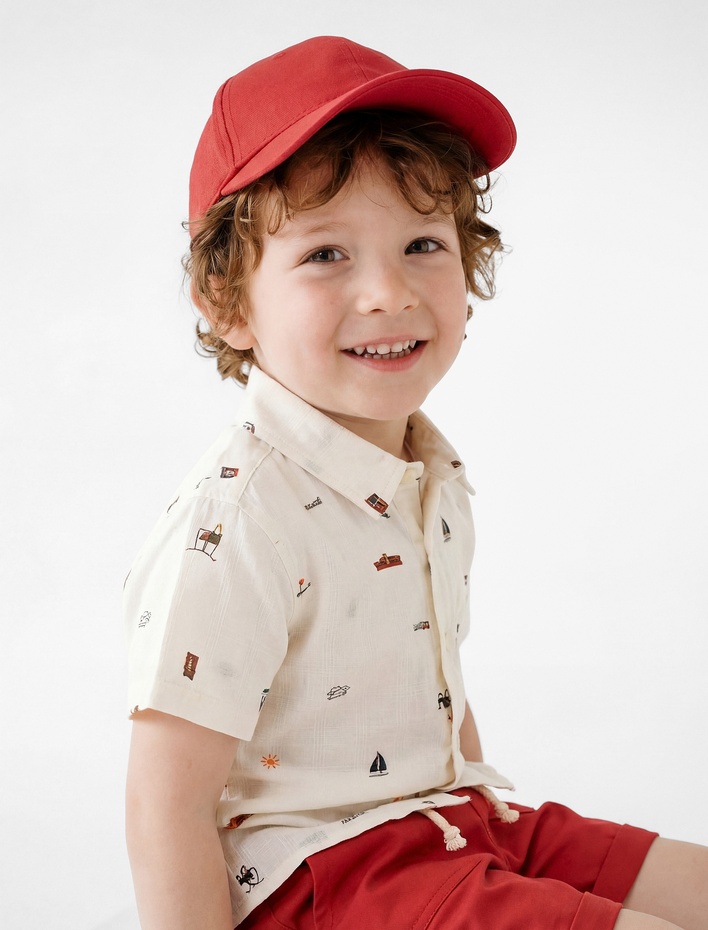 Erkek Bebek Pamuklu Kısa Kollu Klasik Yaka Desenli Gömlek