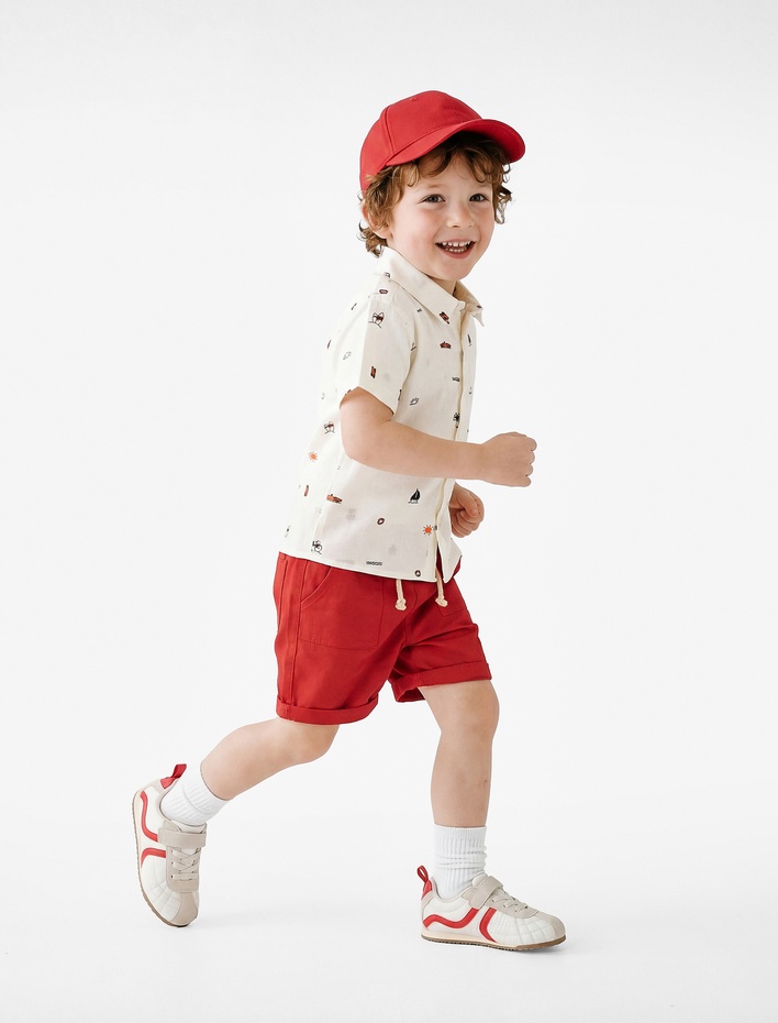 Erkek Bebek Pamuklu Kısa Kollu Klasik Yaka Desenli Gömlek