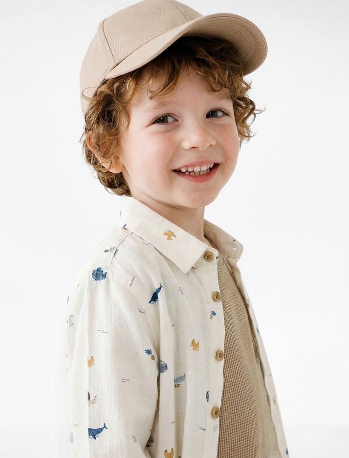 Erkek Bebek Pamuklu Uzun Kollu Düğme Detaylı Desenli Gömlek