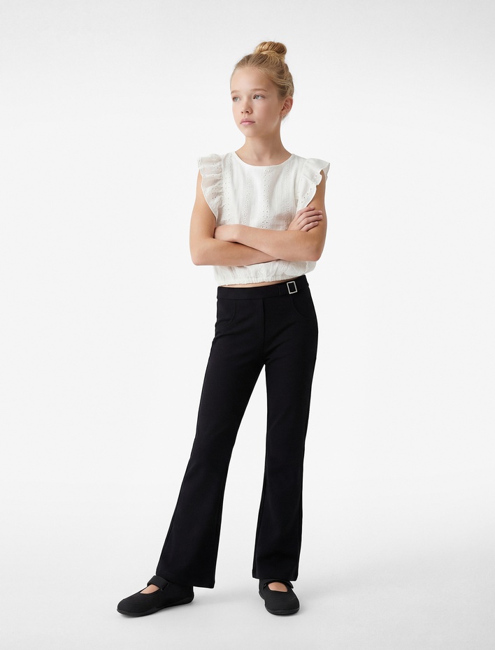 Kız Çocuk Kolsuz Brodeli Beli Lastikli Bisiklet Yaka Crop Bluz